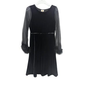 Mini-robe noire transparente en velours à manches longues Melodee avec bordure en plumes de marabout