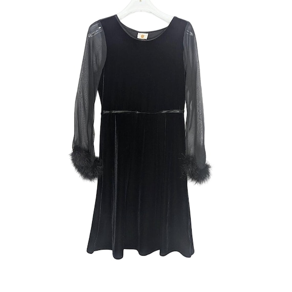 Vintage Melodee Black Sheer Long Sleeve Velvet Mini Dress Marabou Feather Trim Vintage Melodee Black Sheer Long Sleeve Velvet Mini Dress Marabou Feather Trim
