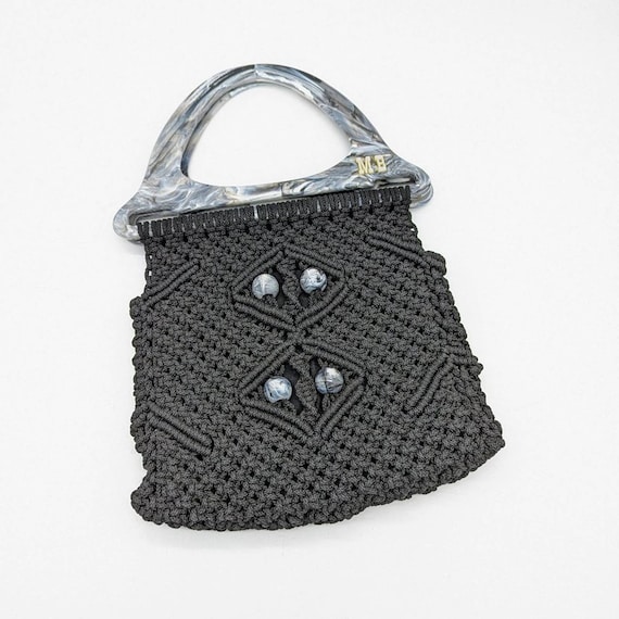 Vintage 1970's Black Macrame Shoulder Bag Crochet 