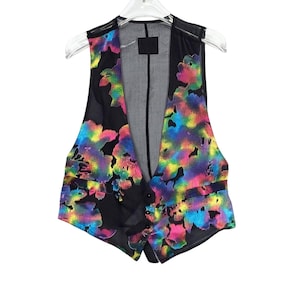 Anna Sui Vintage 90's Rainbow Semi Sheer Floral Vest Button Up Deep V-Neck Size S