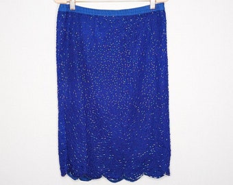 Vintage Stenay Blue Beaded Midi Silk Skirt Scalloped Edge Back Slit Size 8