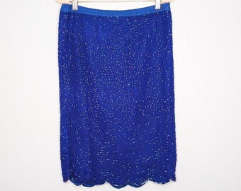 Vintage Stenay Blauer Midi Rock aus Seide mit ausgebogter Kante Rückenschlitz Größe 38