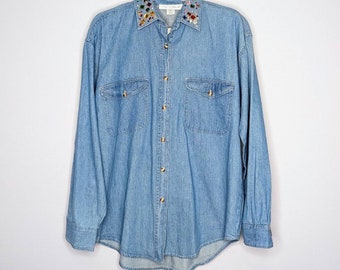 MJ Carroll Vintage Rhinestone Studded Collar Button Down Shirt Long Sleeve S