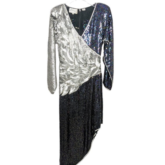 oil slick sequin dress Vintage Dominique Silver Oil Slick Sequin Beaded Long Sleeve Maxi Dress  Size S