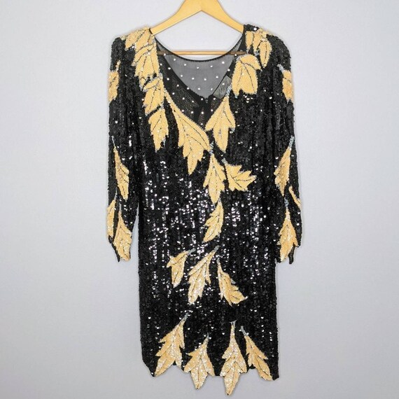 Lord Taylor Vintage Black Sequin Beaded Dress Long Sleeve Leaf Pattern Mesh 80 s Etsy