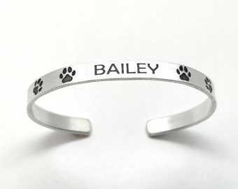 PERSONALIZED DOG BRACELET, Silver Cuff Bracelet Stamped with Pet Name and Paw Prints That Will Not Tarnish