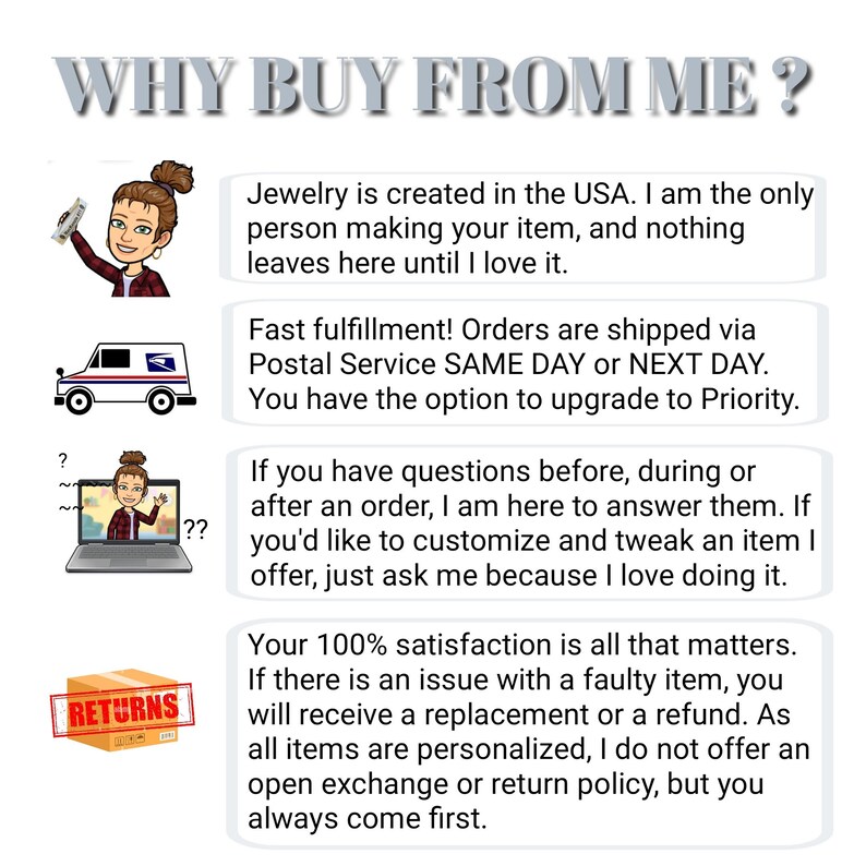 May include: A graphic with the text "WHY BUY FROM ME?" and four illustrations. The first illustration shows a person holding a piece of jewellery. The second illustration shows a delivery van. The third illustration shows a person on a laptop computer. The fourth illustration shows a box with the word "RETURNS" on it. The text below the illustrations describes the benefits of buying from the seller, including handmade jewellery, fast shipping, customer service, and a satisfaction guarantee.