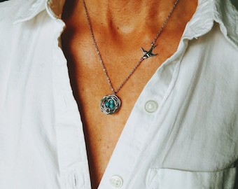 Bird's Nest Necklace: Silver Tone Wire, Glass Pearls, Swallow Charm