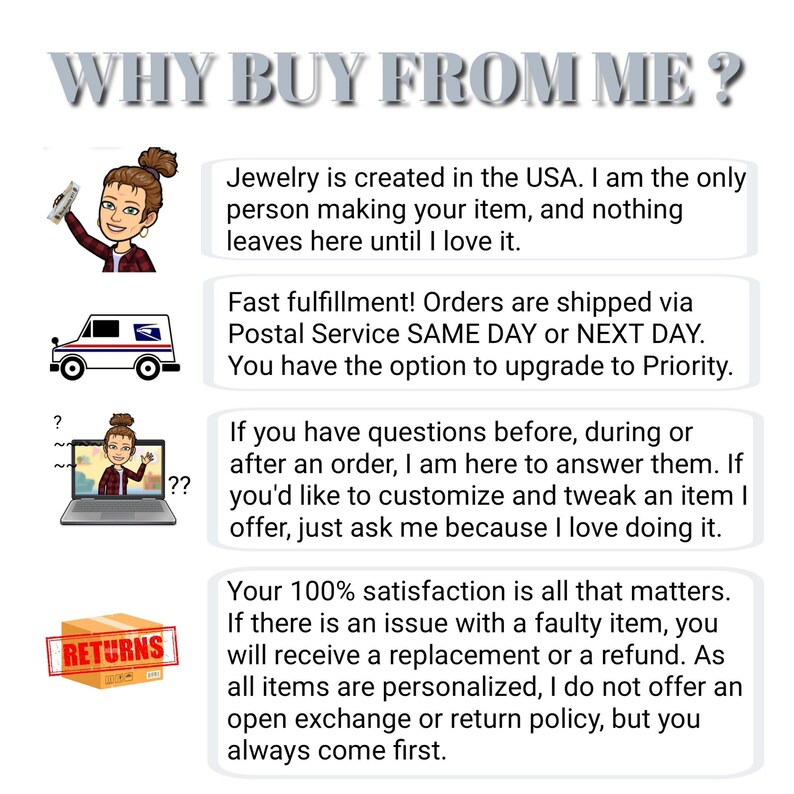 May include: A graphic with the text "WHY BUY FROM ME?" and four illustrations. The first illustration shows a person holding money. The second illustration shows a delivery van. The third illustration shows a person on a laptop. The fourth illustration shows a box with the word "RETURNS" on it. The text below the illustrations explains the benefits of buying from this seller, including fast shipping, personalised items, and a satisfaction guarantee.