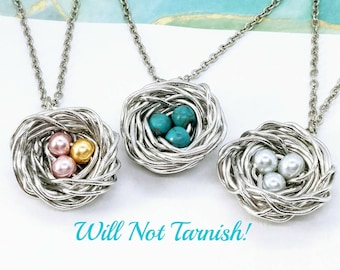 Silver Bird's Nest Necklace, Glass Pearl Beads, Mother's Day Gift