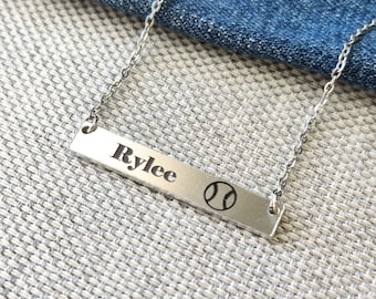 Personalized Softball Necklace, Engraved Stainless Steel Bar, Team Gift