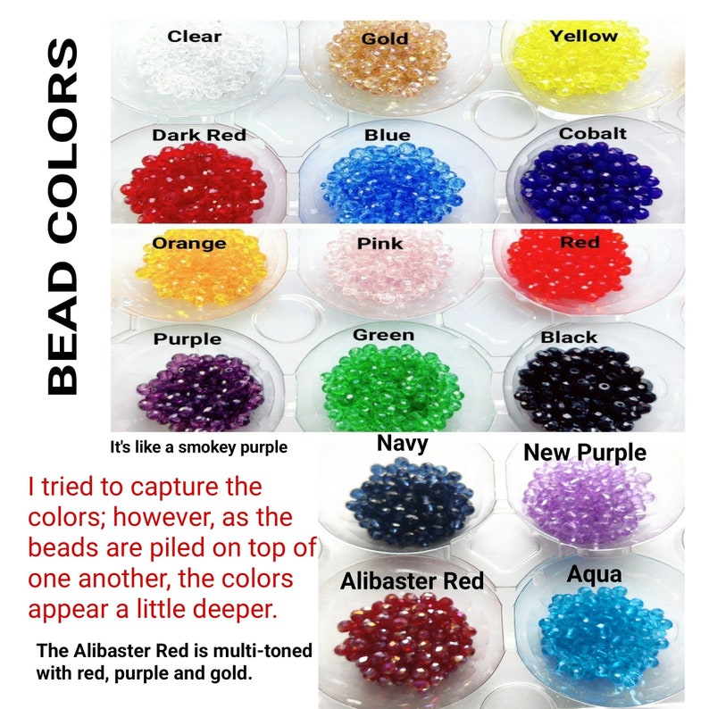 May include: A chart of 16 different colours of beads, each colour is labelled with its name. The beads are arranged in a grid of four rows and four columns. The colours are: Clear, Gold, Yellow, Dark Red, Blue, Cobalt, Orange, Pink, Red, Purple, Green, Black, Navy, New Purple, Alibaster Red, and Aqua.