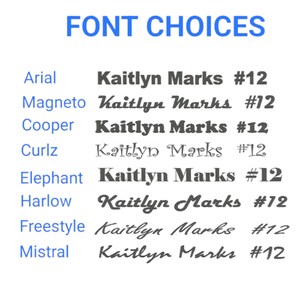 May include: A list of font choices for a design project. The fonts are Arial, Magneto, Cooper, Curlz, Elephant, Harlow, Freestyle, and Mistral. Each font is shown with the name "Kaitlyn Marks #12" in that font.