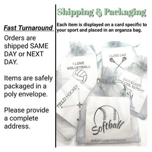 May include: A close-up of several small white cards with different sports-themed designs, including volleyball, field hockey, lacrosse, soccer, and softball. Each card is placed in a white organza bag. The text on the cards reads "I Love Volleyball", "Field Hockey", "I Love Lax", "Eat Sleep Soccer Repeat", and "Softball".