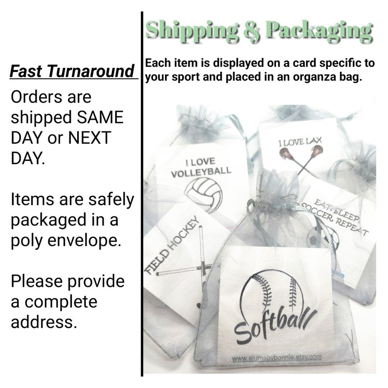 May include: A close-up of several small white cards with different sports-themed designs, including volleyball, field hockey, lacrosse, soccer, and softball. Each card is placed in a white organza bag. The text on the cards reads "I Love Volleyball", "Field Hockey", "I Love Lax", "Eat Sleep Soccer Repeat", and "Softball".