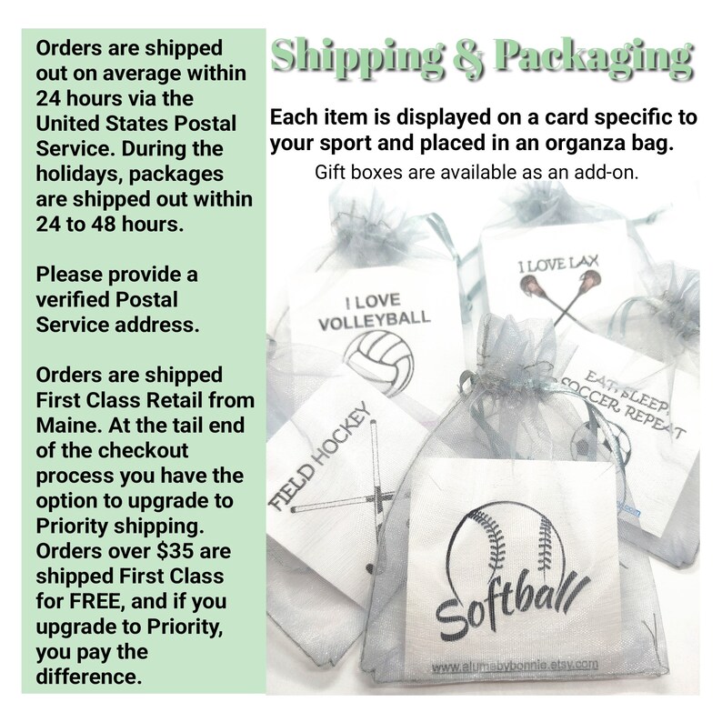 May include: A close-up of a variety of sports-themed gift bags. Each bag features a different sport, including volleyball, field hockey, lacrosse, soccer, and softball. The bags are made of a sheer, organza fabric and are decorated with a card featuring the sport's name and a graphic design. The text "Eat Sleep Soccer Repeat" is visible on one of the bags.