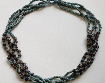 Handmade Multi-strand Turquoise-colored Seed Bead and Wood Bead Necklace