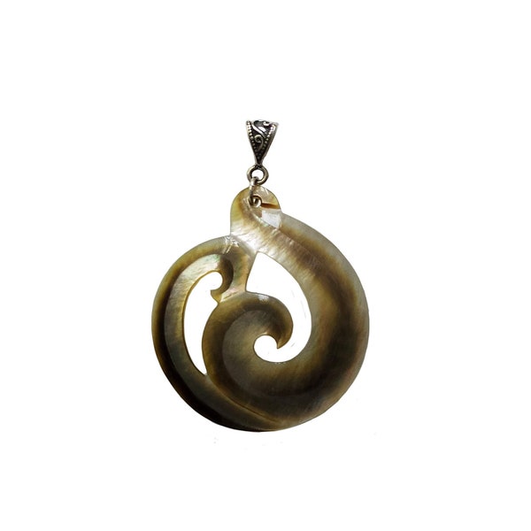 Maori Koru Spiral Ocean Wave Black Lip Mother of Pearl Shell Necklace Pendant • Light Weight • Sterling Silver Bail • Handmade Jewelry