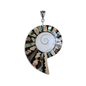 Nautilus-shaped Pendant Necklace • Eye of Shiva Shell, Cut Abalone Shell in Black Inlay • Wisdom, Protection, Healing • Handmade Jewelry