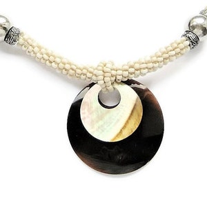 Ethically Sourced Water Buffalo Horn, Mother of Pearl Shell Double Circle Donut Pendant Necklace w/ Beaded Herringbone • Handmade Jewelry