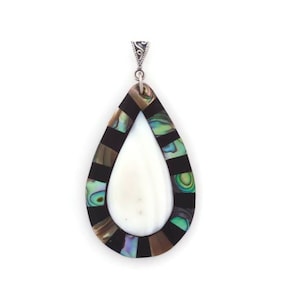 Mother of Pearl Shell, Abalone Shell Teardrop Pendant • Mosaic of Cut Shells in Black Inlay • Handmade Jewelry