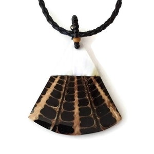 Large Fan-Shaped Mother of Pearl, Telescopium Shell Necklace Pendant • Cuts of Seashell Inlaid in Black Resin • Handmade Jewelry