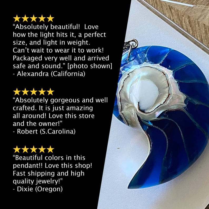 Large Real Nautilus Shell Necklace Pendant in Royal Sapphire Blue Resin Strength, Resilience, Growth Handmade Jewelry image 8