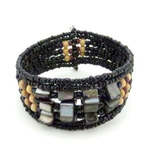 Wide Beaded Cuff Bracelet • Black and Earth-tone Beads • Handmade Jewelry
