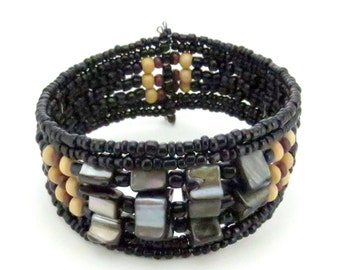 Wide Beaded Cuff Bracelet • Black and Earth-tone Beads • Handmade Jewelry