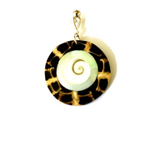 Eye of Shiva Shell, Mother of Pearl, Telescopium Shell Charm Pendant • Cut Shells in Black Inlay • Handmade Jewelry