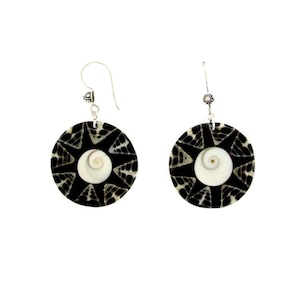 Eye of Shiva Shell, Troca Shell Dangle Earrings in Black Inlay • .925 Sterling Silver Ear Wire w/ Balinese Bead • Handmade Jewelry