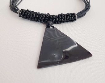 Ethically Sourced Water Buffalo Horn Triangle Pendant Necklace with Beading • Handmade Jewelry