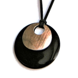 Handmade Water Buffalo Horn Donut Pendant Necklace: Mother of Pearl, Suede Cord
