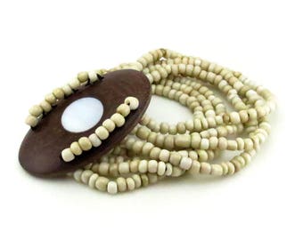 Mother of Pearl Shell on Oval Wood Plaque Bracelet • Pearly Beige Beads Multi-strand Stretch Bracelet • Handmade Jewelry