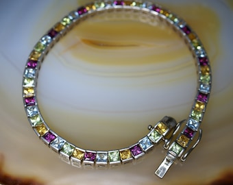 Thai Sterling Tennis Bracelet Channel Set with Multiple Imitation Gems