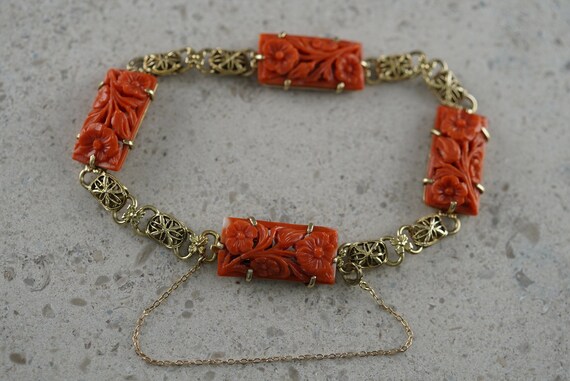 Art Deco 14K Yellow Gold Carved Red Coral Lavalie… - image 7
