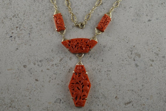 Art Deco 14K Yellow Gold Carved Red Coral Lavalie… - image 2