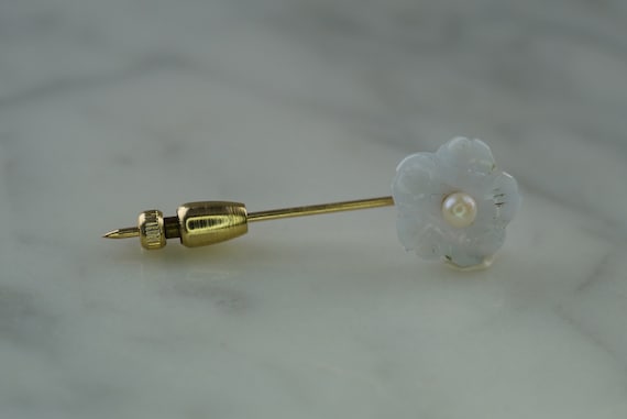 14K Yellow Gold Flower Stick Pin with Carved Blue… - image 1