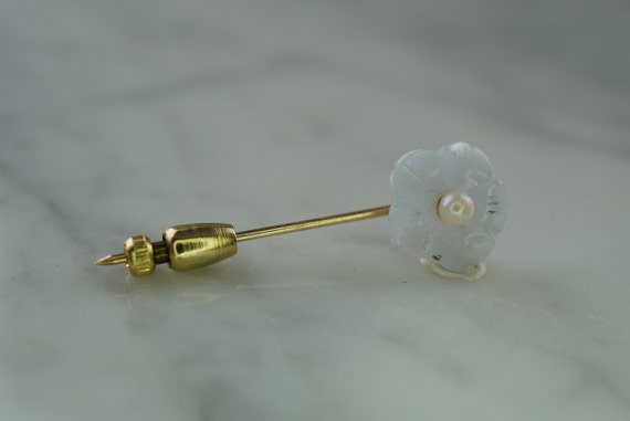 14K Yellow Gold Flower Stick Pin with Carved Blue… - image 4