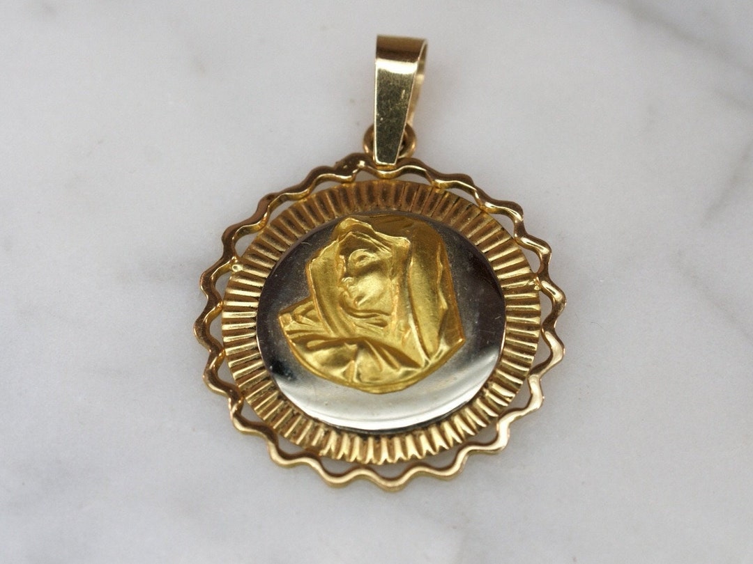 18K Yellow and White Gold Our Lady of Sorrows Medal Pendant - Etsy