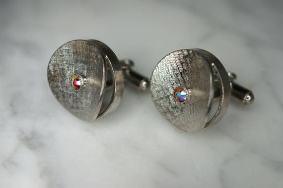 Silver Tone Cufflinks with Red Aurora Borealis Rh… - image 2
