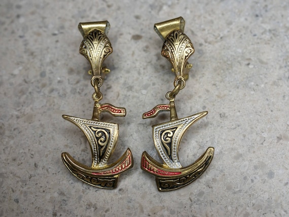 Spanish Damascene Yellow Gold Plated Sailing Ship Drop Clip Earrings