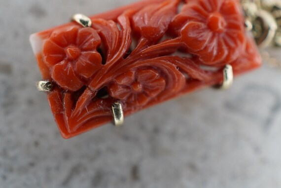 Art Deco 14K Yellow Gold Carved Red Coral Lavalie… - image 10