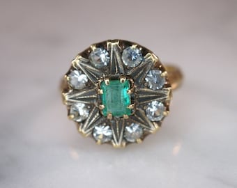 Edwardian 14K Yellow Gold, Emerald, and White Spinel Ring