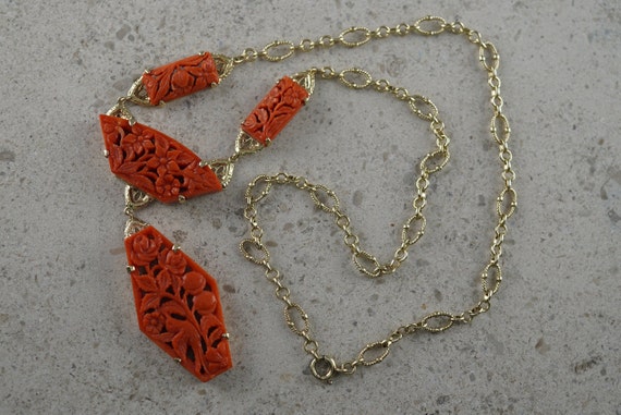 Art Deco 14K Yellow Gold Carved Red Coral Lavalie… - image 3