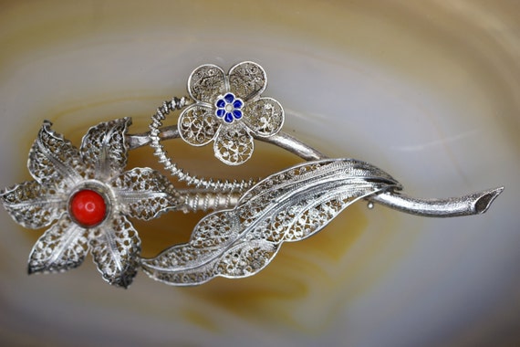 Turkish Sterling Filigree Flower Pin - image 1