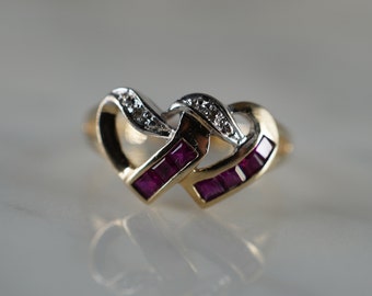 10K Yellow Gold Ruby and Diamond Double Heart Ring