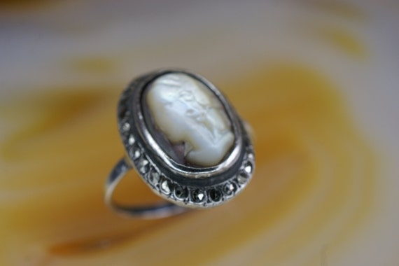 Sterling Cameo Ring With Marcasite Border