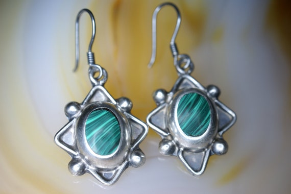 Mexican Sterling and Malachite Hook Earrings - image 1