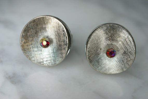 Silver Tone Cufflinks with Red Aurora Borealis Rh… - image 1